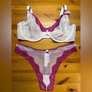 Victoria’s Secret Tease Unlined Demi Bra Teal Mesh Lace Trim 38DDD/XL Thong NWT